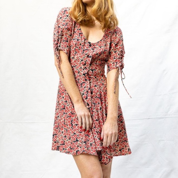 Free People Red and White Puff Sleeve Sundress - Picture 1 of 6